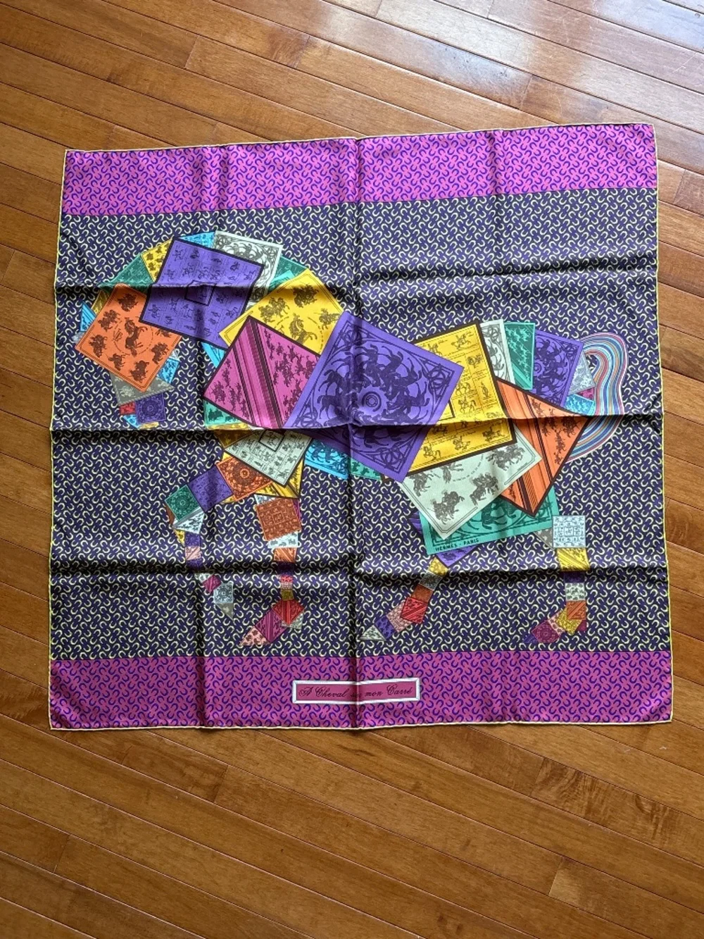 Hermes 90cm Silk Scarf A Cheval sur Mon Carre' eggplant bright pink Bali Barret